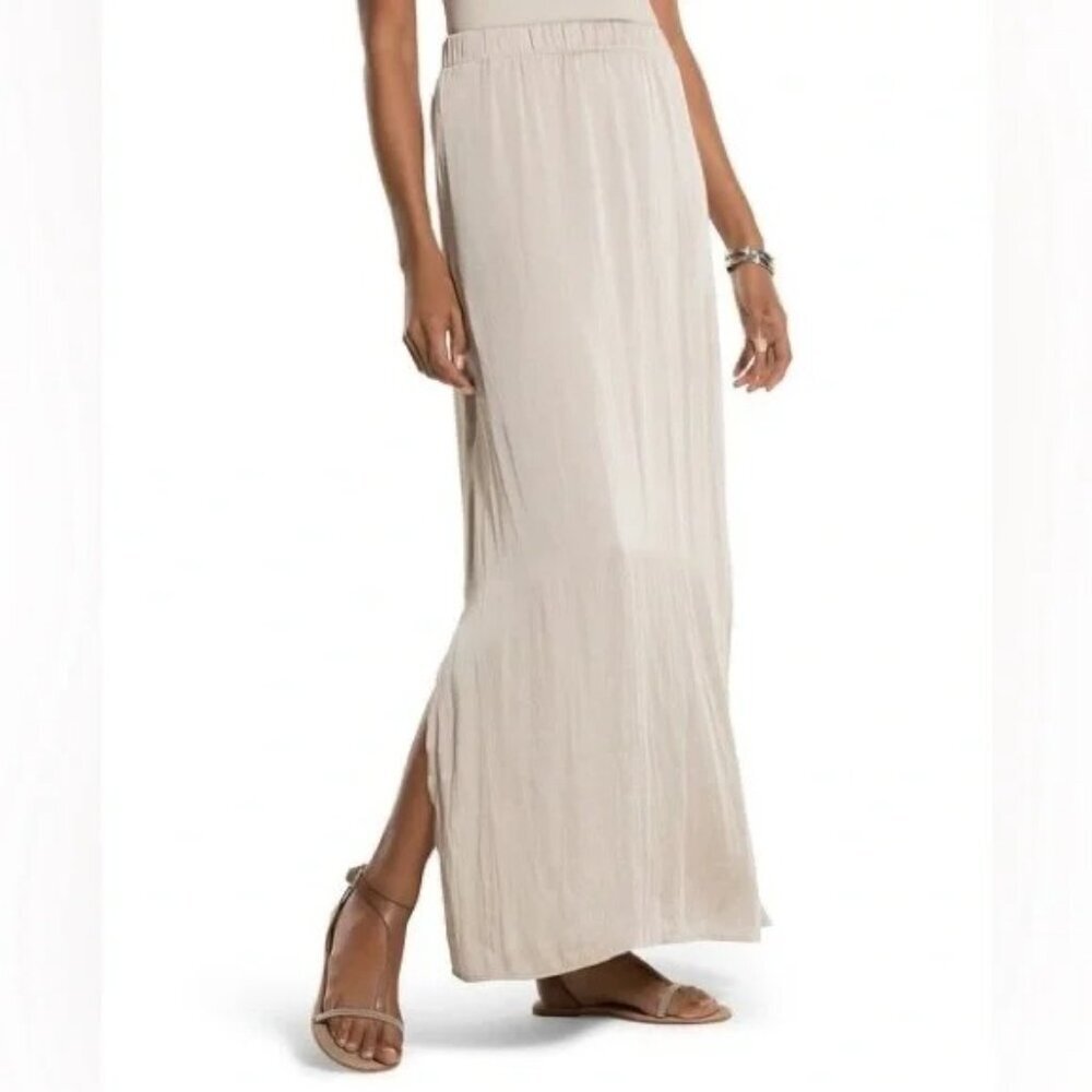 2/$30 Chico's Serena Palomino Mix Crinkled Sheen Maxi Skirt Nude 8 #1566